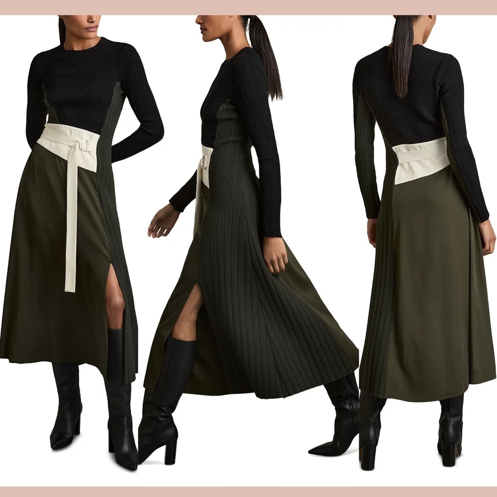 NWT $515 Reiss [ 12 US ] Long‎ Sleeve Emilina Knit Woven Midi Dress Q1283